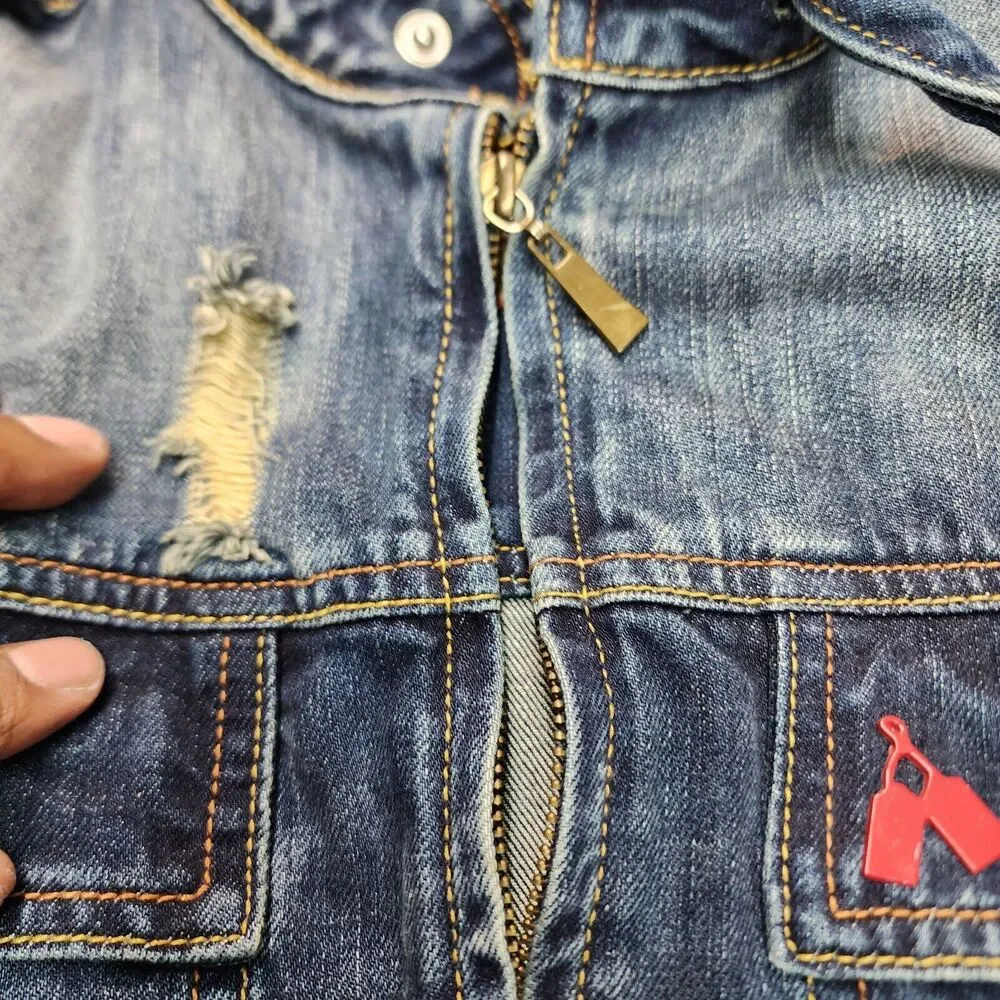 Men's Redtag Brand Motorcycle Style Jean Jacket Distressed/Gold Spikes Size 2XL